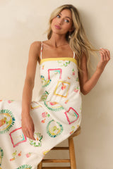 Just For Fun Ivory Watercolor Cocktail Print Linen Blend Maxi Dress