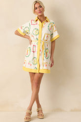 Make It My Own Ivory Watercolor Cocktail Print Linen Blend Mini Dress