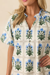 Staying Hopeful Blue Geometric Floral Print Cotton Mini Dress