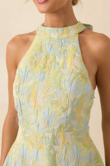 Always Ready Light Green Floral Print Jacquard Halter Mini Dress