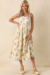 In This Lifetime Ivory Floral Print Cotton Scallop Hem Midi Dress