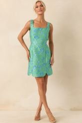 Just Look At Her Green Floral Print Jacquard Mini Dress