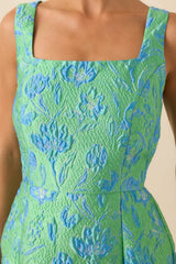 Just Look At Her Green Floral Print Jacquard Mini Dress