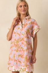 Need A Change Pink Coral Floral Print Cotton Mini Shirt Dress
