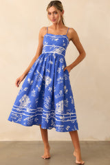 Prosperina Silvia Royal Blue Mojito Print Linen Midi Dress