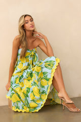 Prosperina Elena Blue Lemon Print Linen Strapless Midi Dress