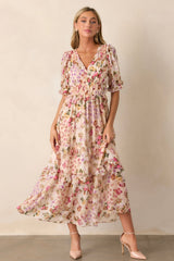 Midnight Train Beige Floral Midi Dress