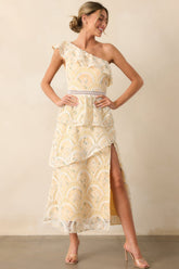 Vineyard Stroll Yellow Floral Embroidered One Shoulder Maxi Dress