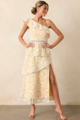 Vineyard Stroll Yellow Floral Embroidered One Shoulder Maxi Dress