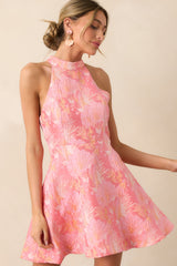 Always Ready Pink Coral Floral Print Jacquard Halter Mini Dress