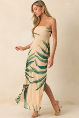 Finding The Way Beige Palm Leaf Print Strapless Chiffon Maxi Dress