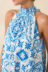 Prosperina Rebecca Blue Tile Print Cotton Halter Maxi Dress