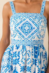Prosperina Lydia Blue Tile Print Cotton Midi Dress