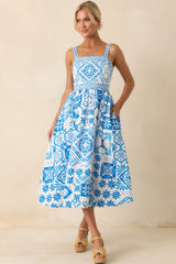 Prosperina Lydia Blue Tile Print Cotton Midi Dress