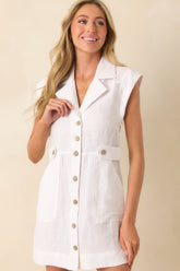 Never A Bad Day White Linen Button Front Mini Dress