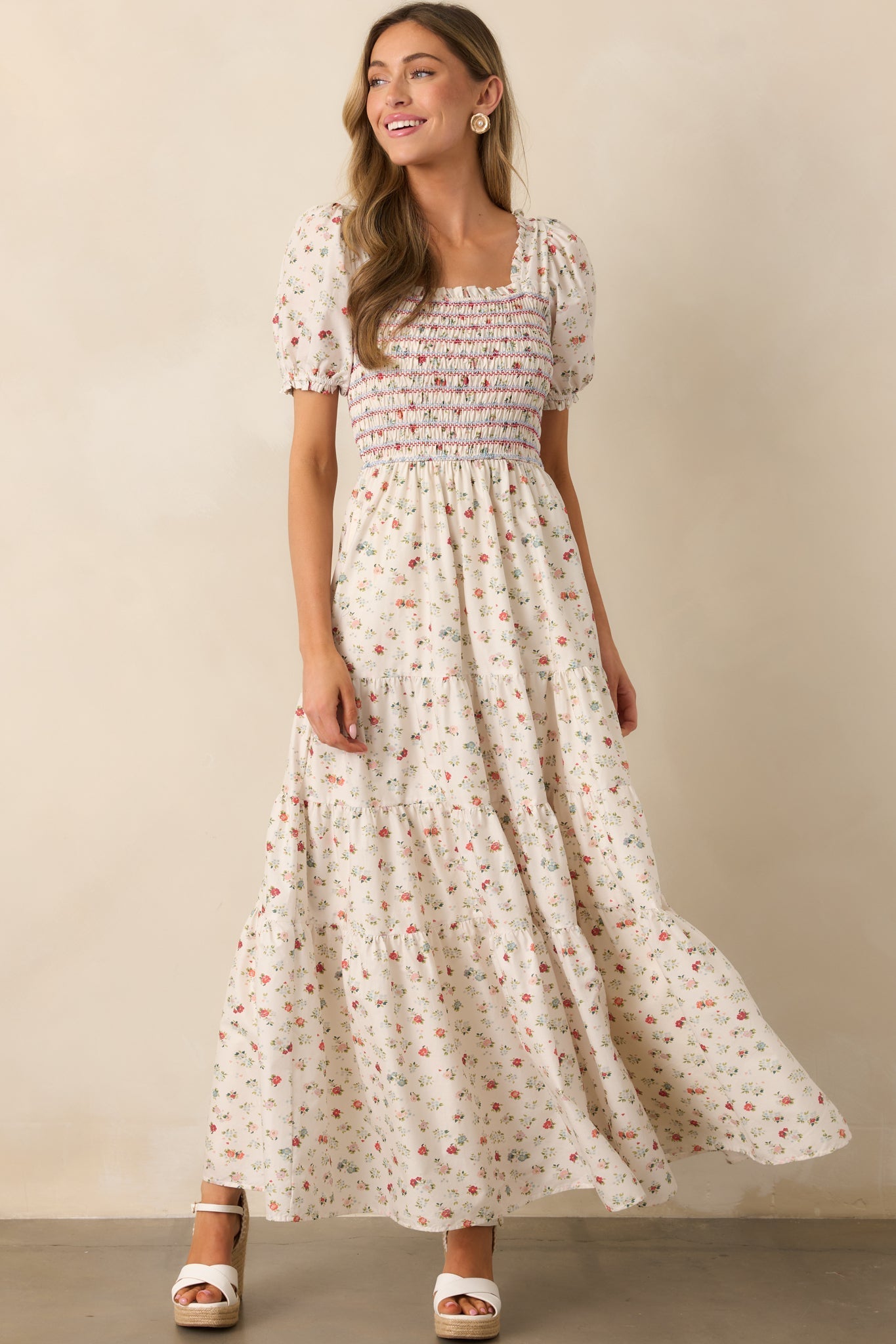 Floating Gardens Cotton Ivory Floral Puff Sleeve Maxi Dress