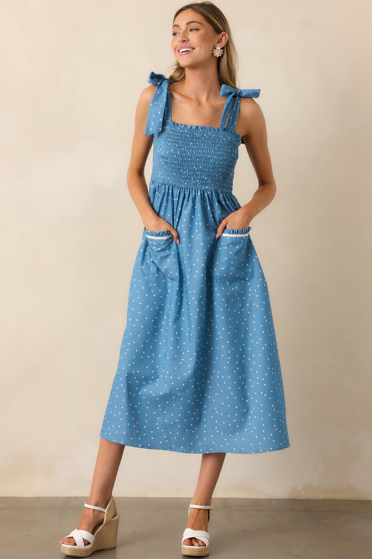 Picnic in The Park Blue Polka Dot Midi Dress