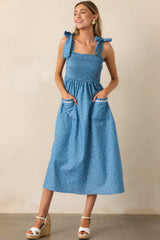Picnic in The Park Blue Polka Dot Midi Dress