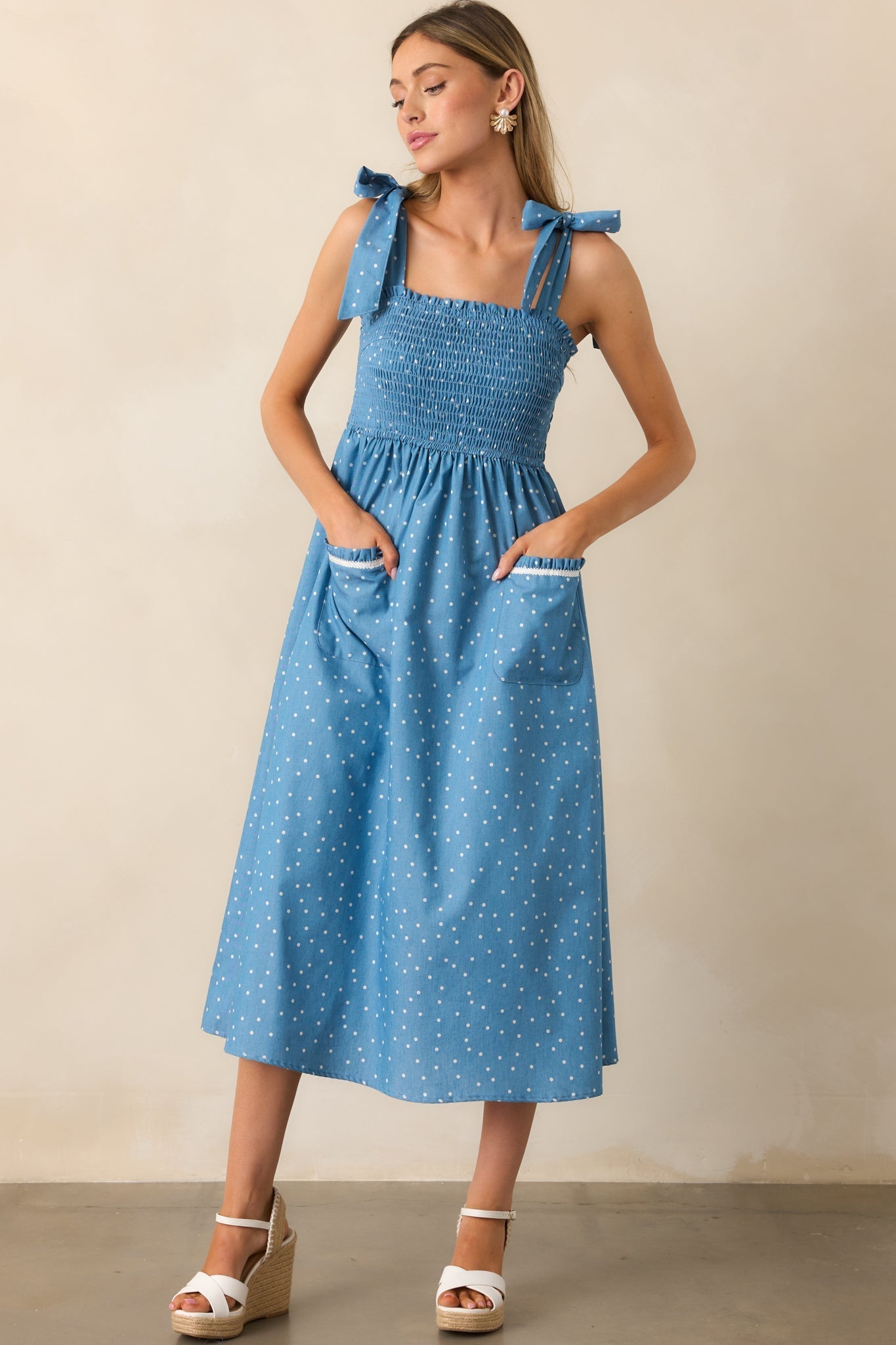 Picnic in The Park Blue Polka Dot Midi Dress