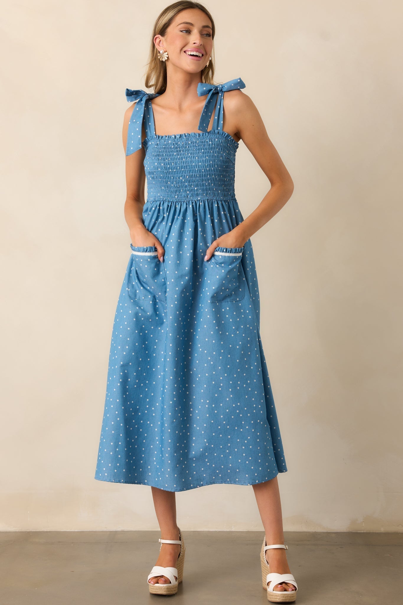 Picnic in The Park Blue Polka Dot Midi Dress