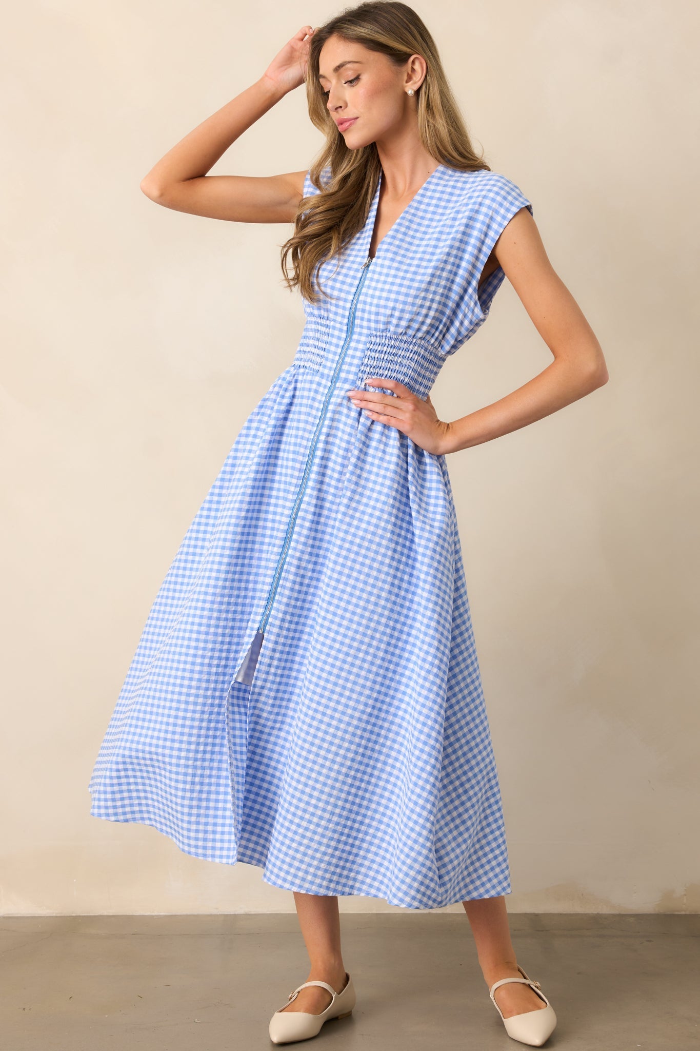 The Evette Blue Gingham Zip Front Midi Dress