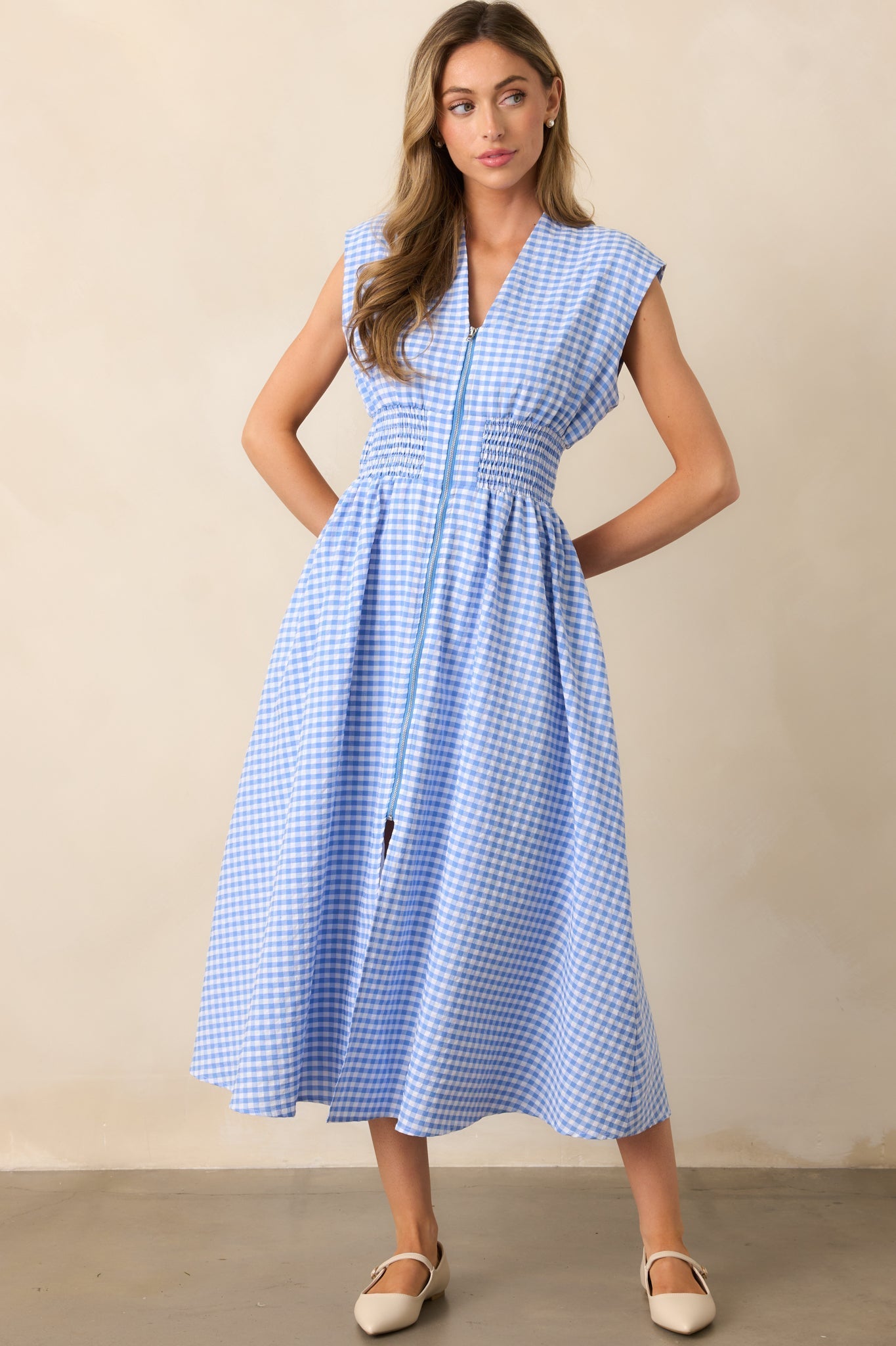 The Evette Blue Gingham Zip Front Midi Dress