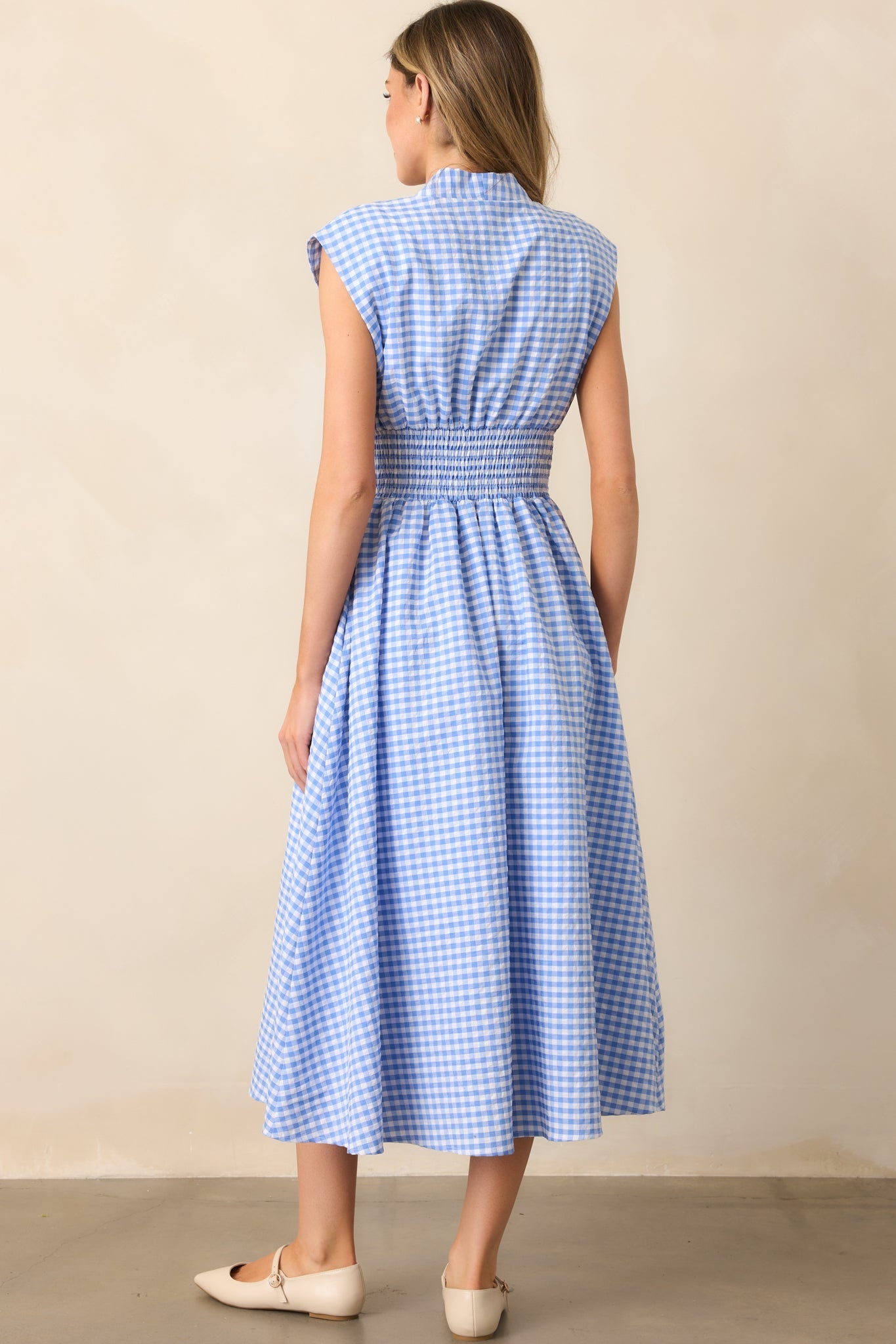 The Evette Blue Gingham Zip Front Midi Dress
