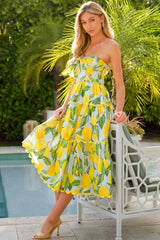 Prosperina Elena Blue Lemon Print Linen Strapless Midi Dress