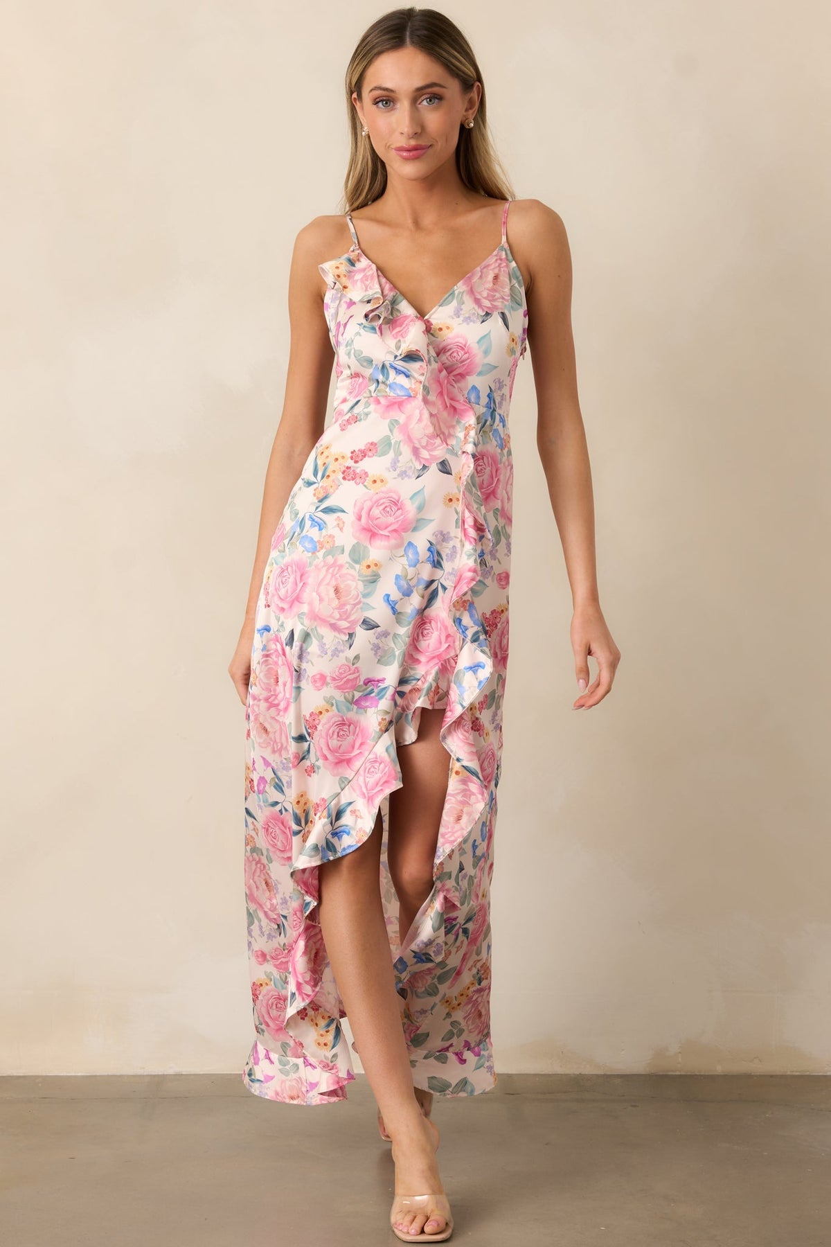 A Springtime Waltz Pink Multi Floral Ruffle Maxi Dress