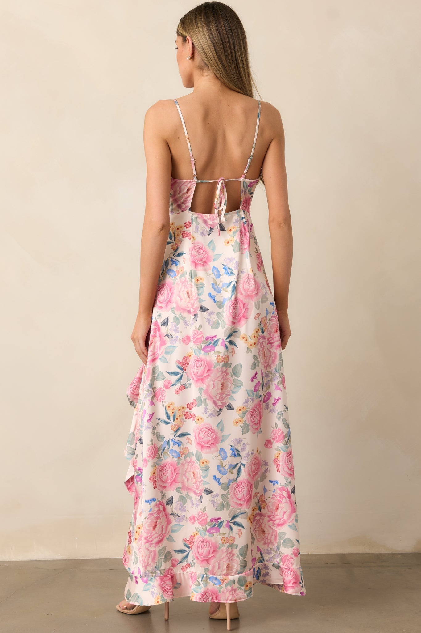 A Springtime Waltz Pink Multi Floral Ruffle Maxi Dress