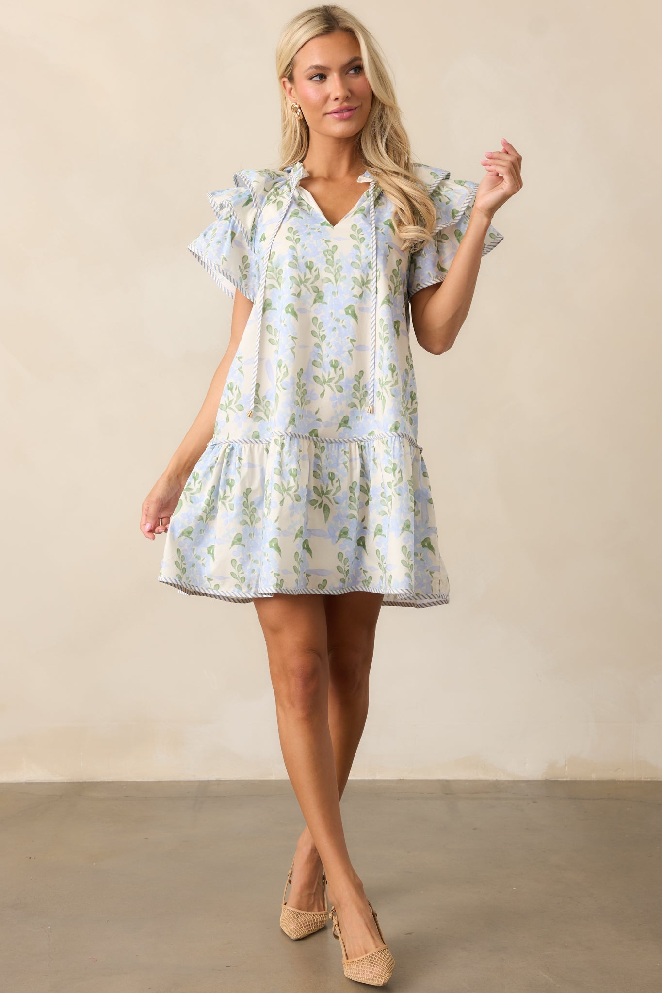Garden Of Dreams Cotton Blue Flutter Sleeve Mini Dress