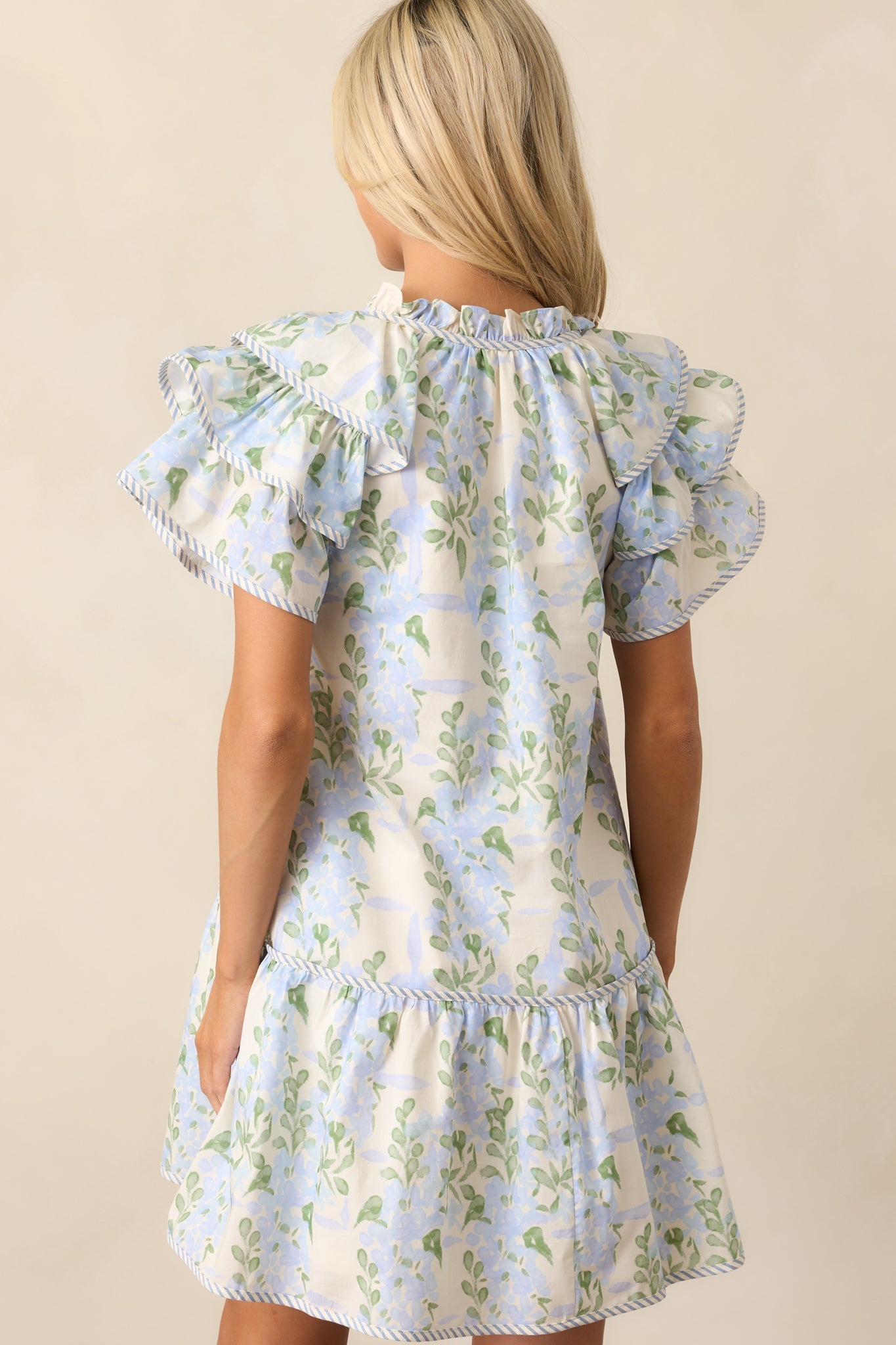 Garden Of Dreams Cotton Blue Flutter Sleeve Mini Dress