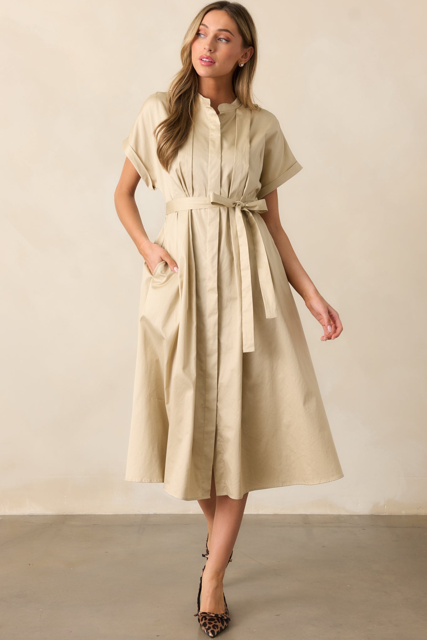 Late Nights Beige Cotton Button Front Midi Dress