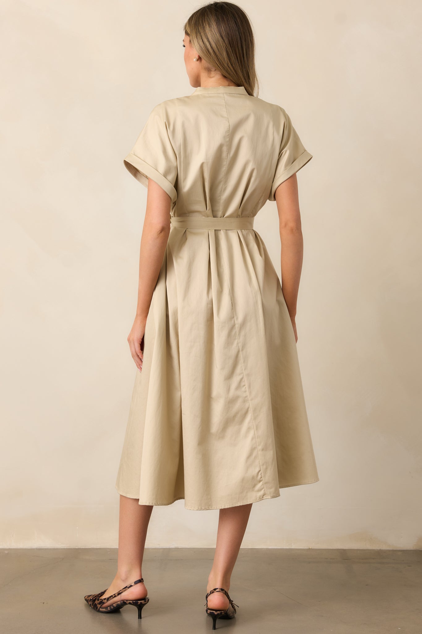 Late Nights Beige Cotton Button Front Midi Dress