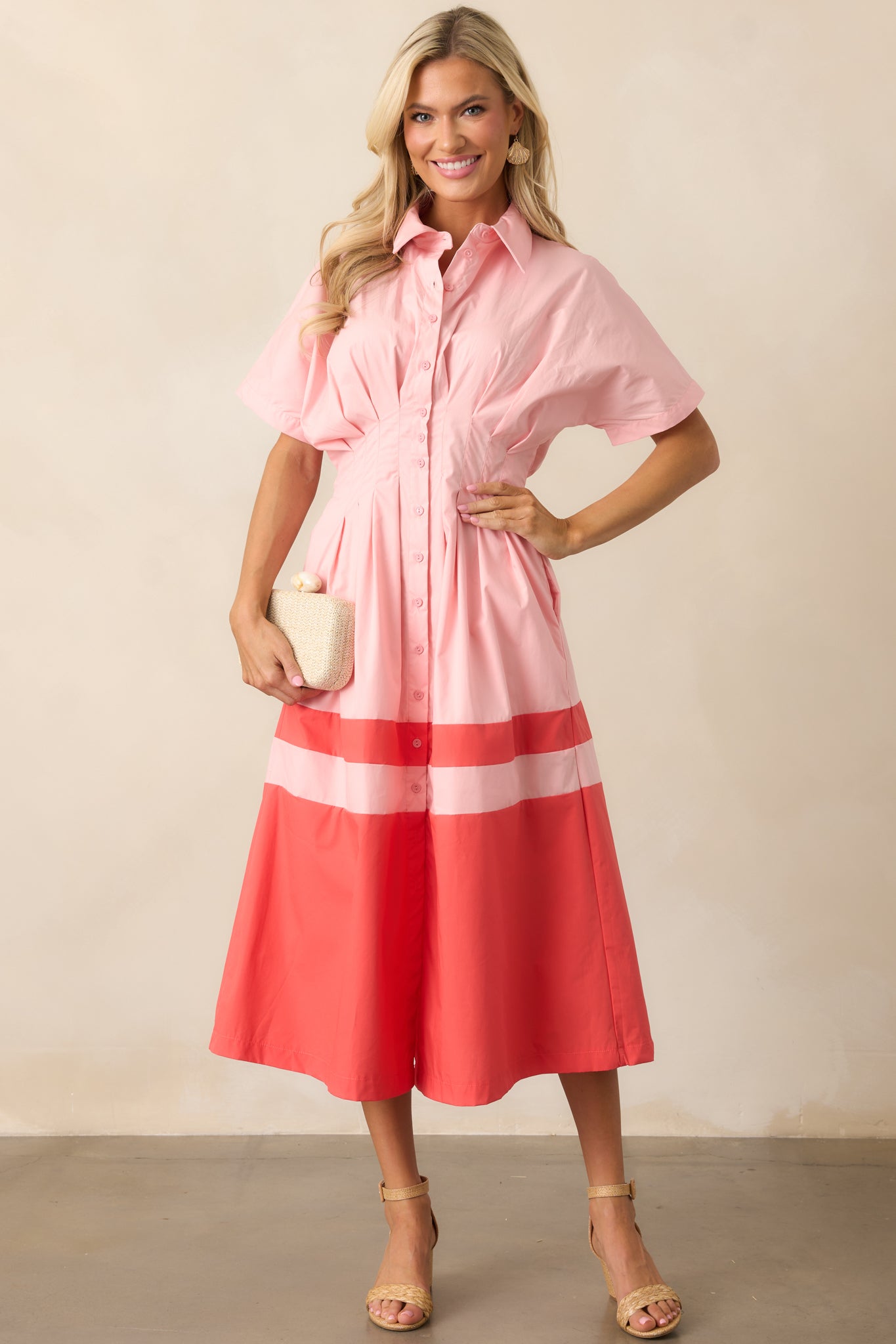 The Diner Downtown Pink Cotton Midi Shirt Dress