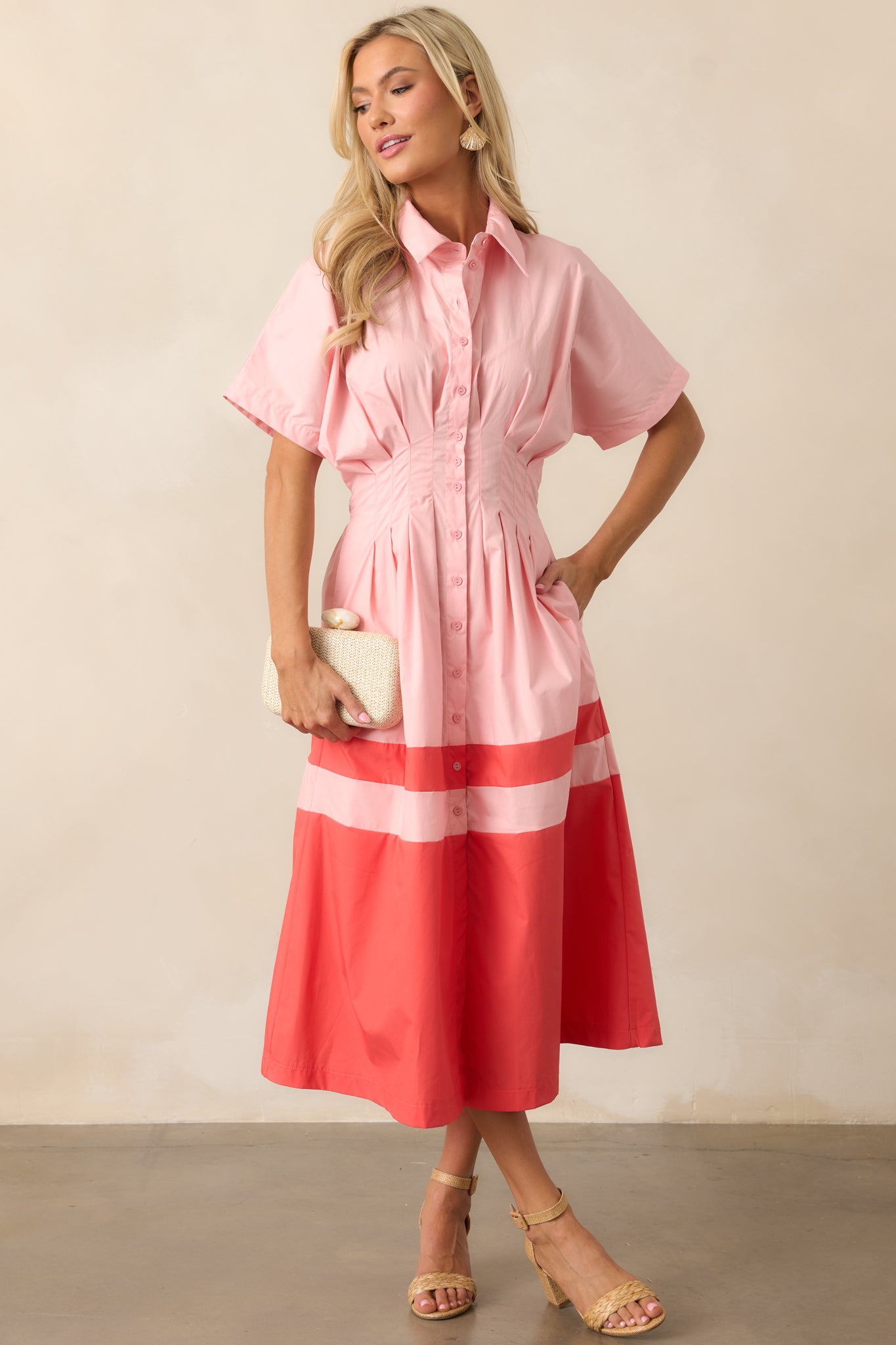 The Diner Downtown Pink Cotton Midi Shirt Dress