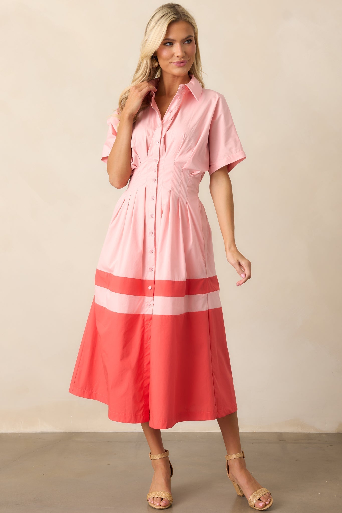 The Diner Downtown Pink Cotton Midi Shirt Dress