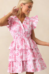 Bridget La France Dianthus Pink Floral Cotton Ruffle Mini Dress