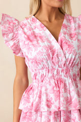 Bridget La France Dianthus Pink Floral Cotton Ruffle Mini Dress