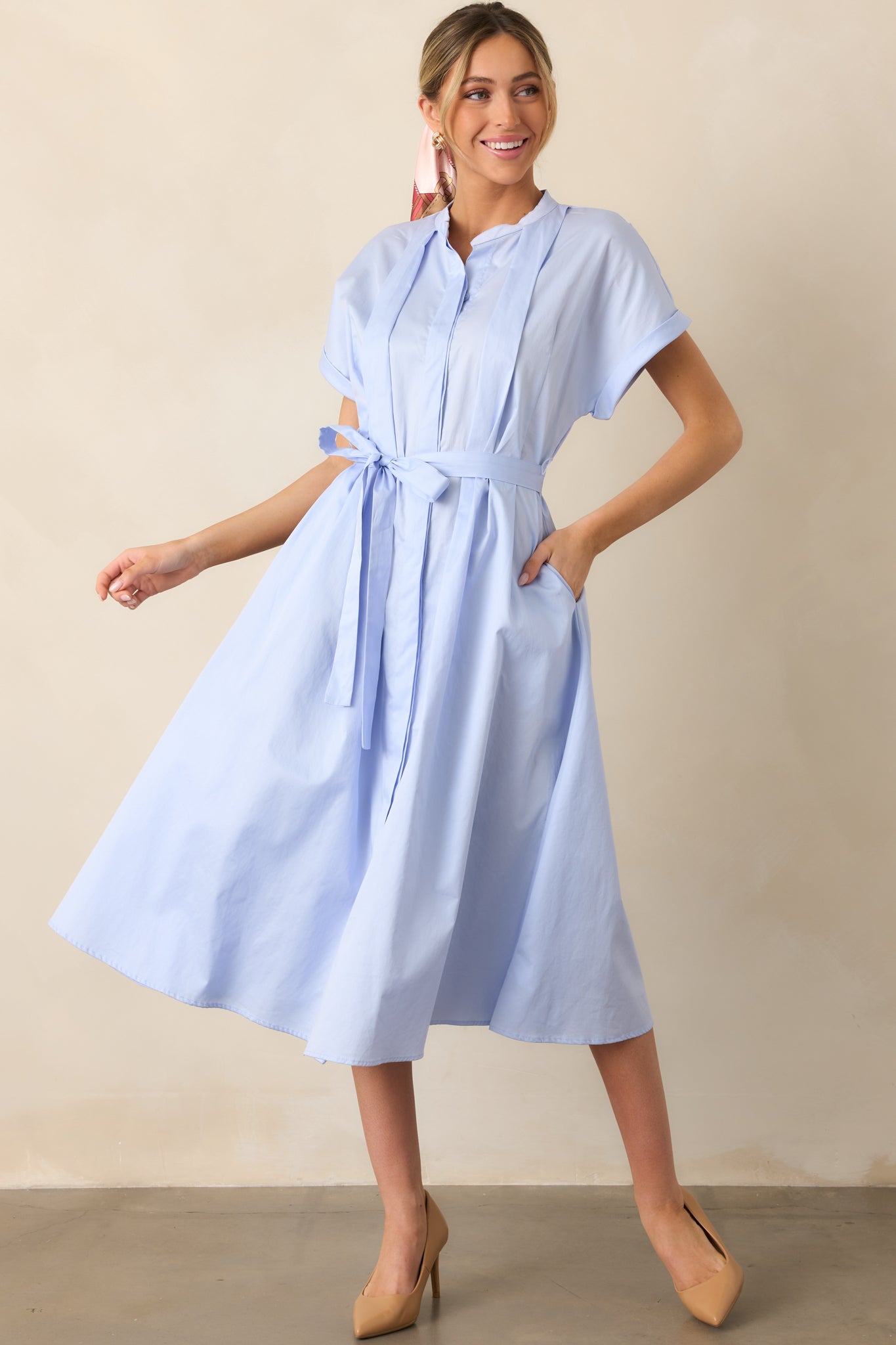 Late Nights Sky Blue Cotton Button Front Midi Dress