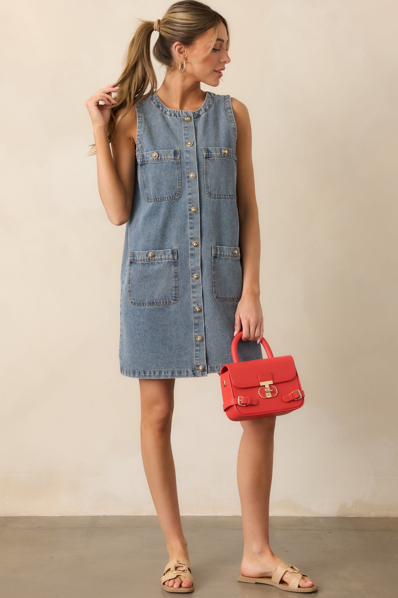 Urban Legend Medium Wash Button Front Denim Mini Dress