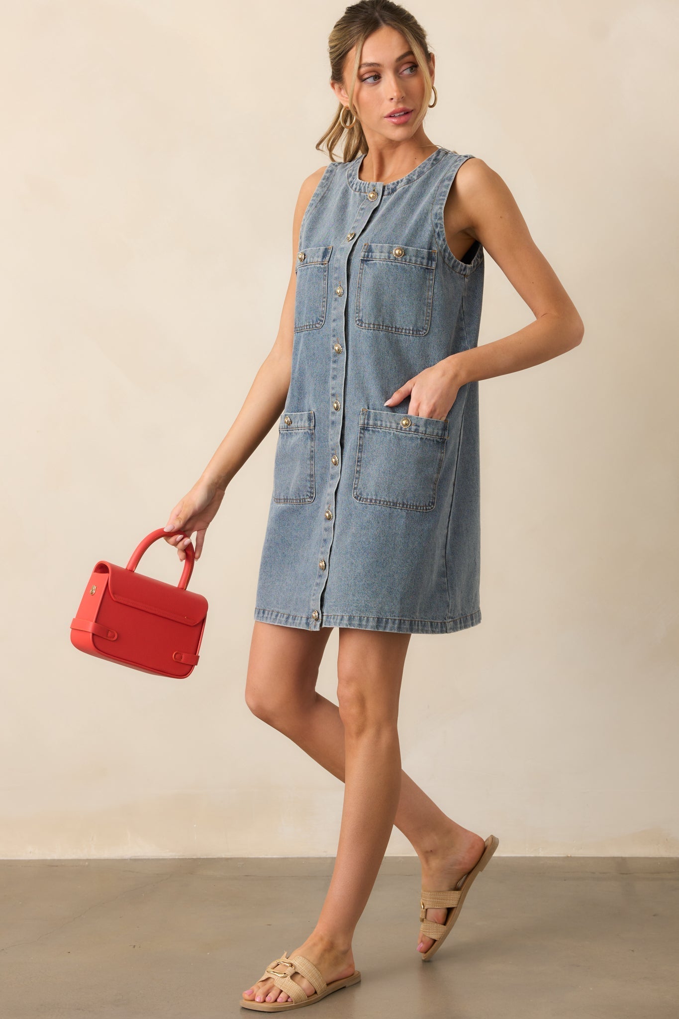 Urban Legend Medium Wash Button Front Denim Mini Dress