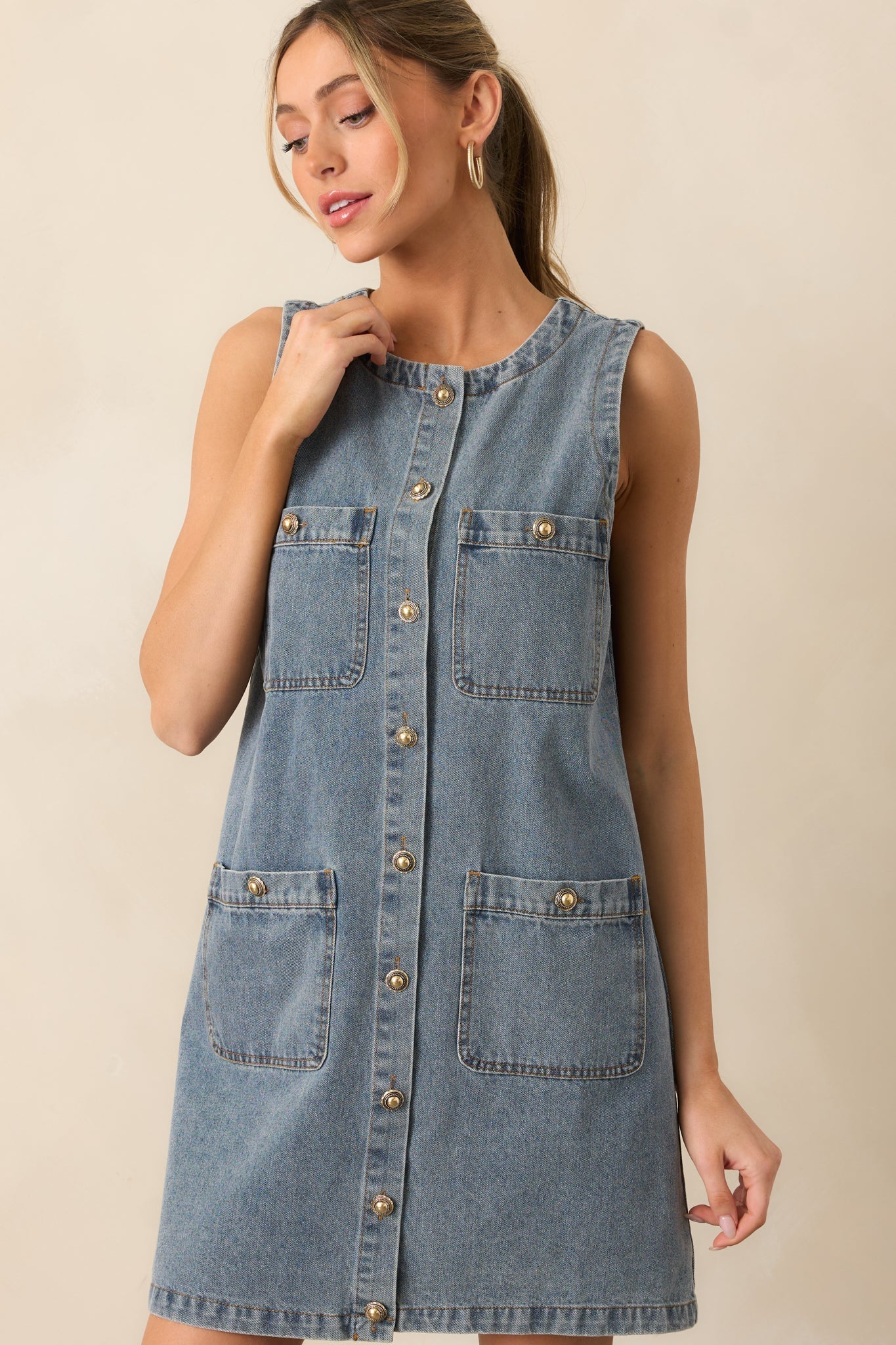 Urban Legend Medium Wash Button Front Denim Mini Dress