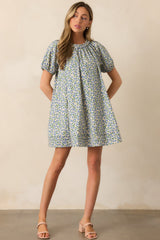 Stories Unfolding Dusty Blue Floral Cotton Mini Dress
