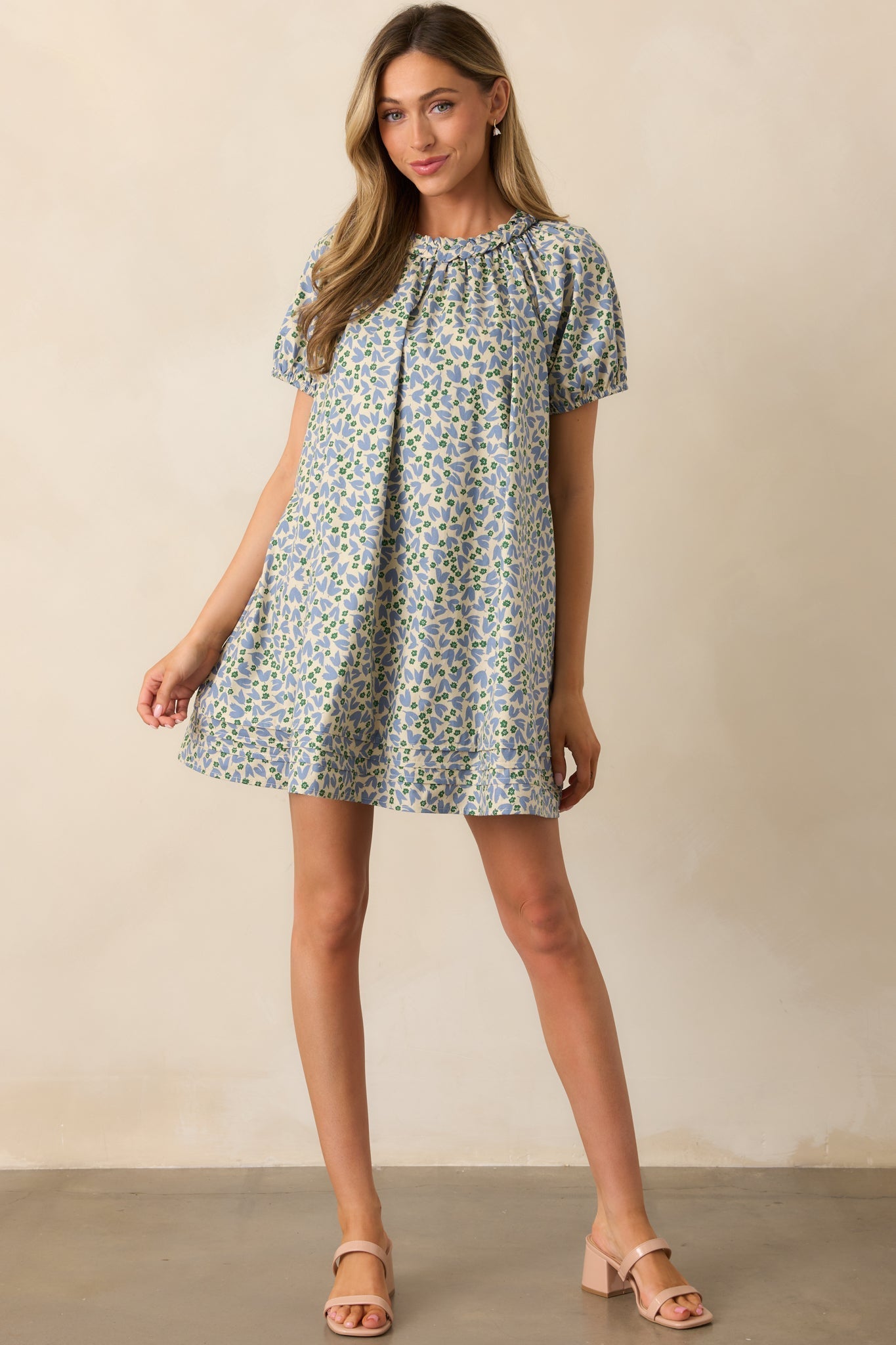 Stories Unfolding Dusty Blue Floral Cotton Mini Dress