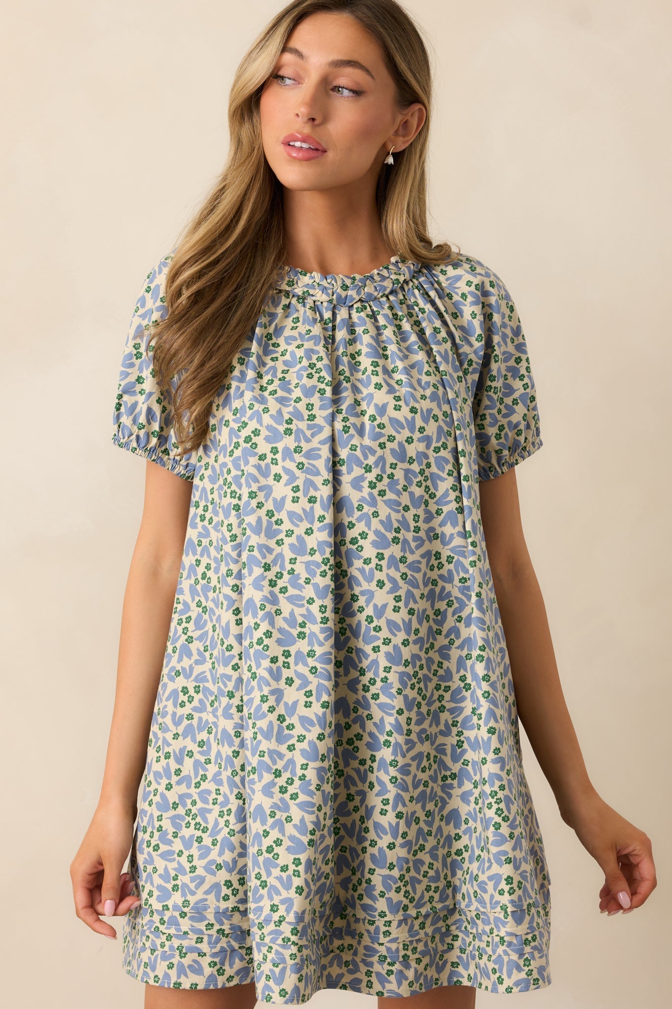 Stories Unfolding Dusty Blue Floral Cotton Mini Dress