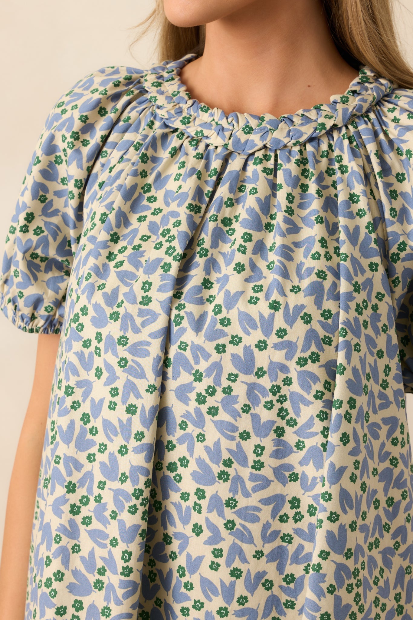 Stories Unfolding Dusty Blue Floral Cotton Mini Dress