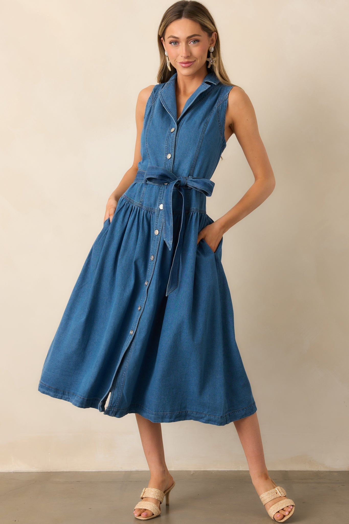 Riverside Sips Blue Denim Button Front Maxi Dress