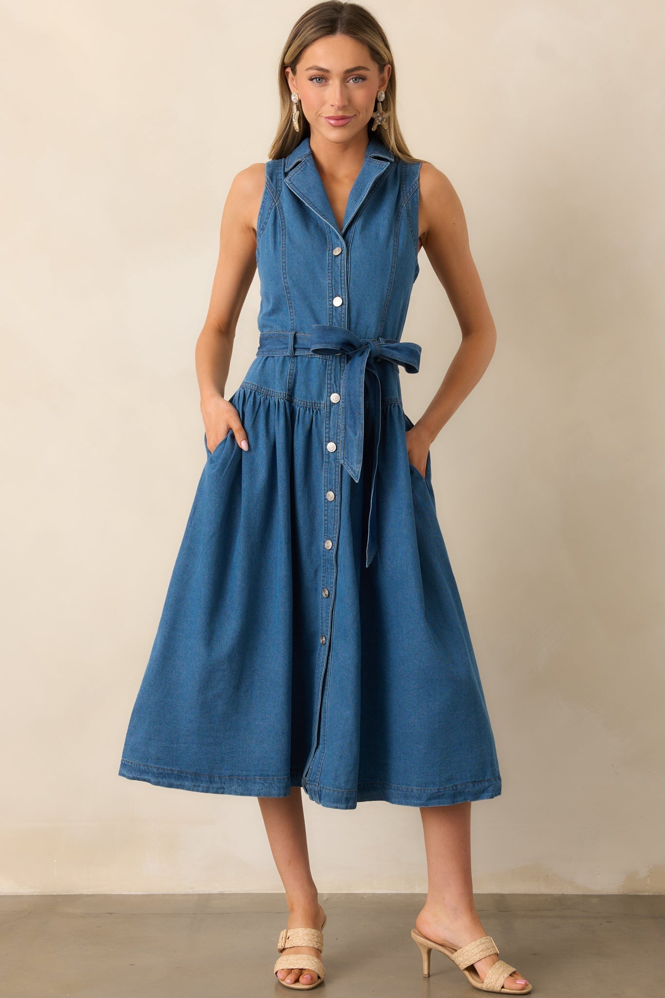 Riverside Sips Blue Denim Button Front Maxi Dress