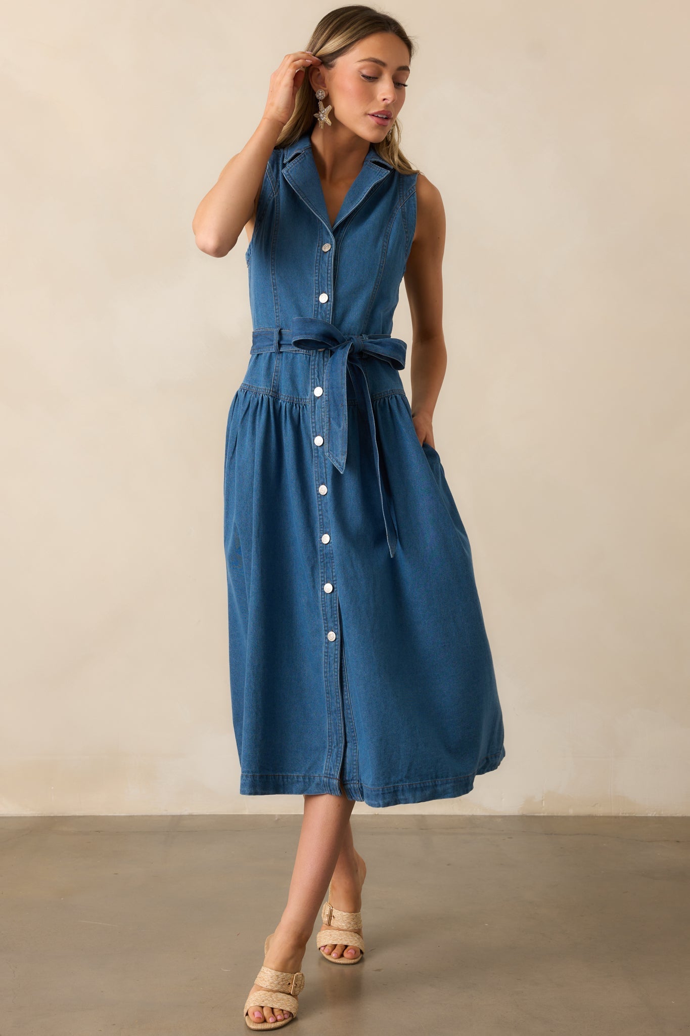 Riverside Sips Blue Denim Button Front Maxi Dress